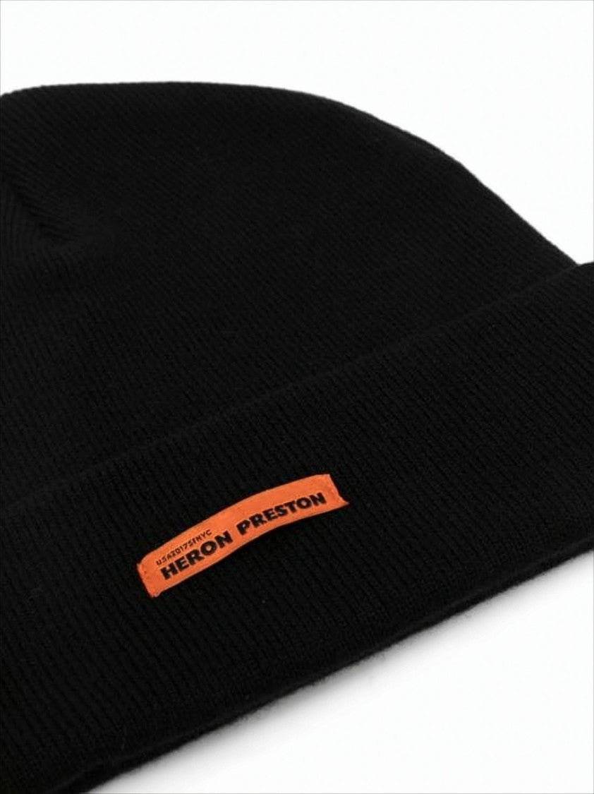 Black Wool Beanie With Folded Cuff And Orange Label