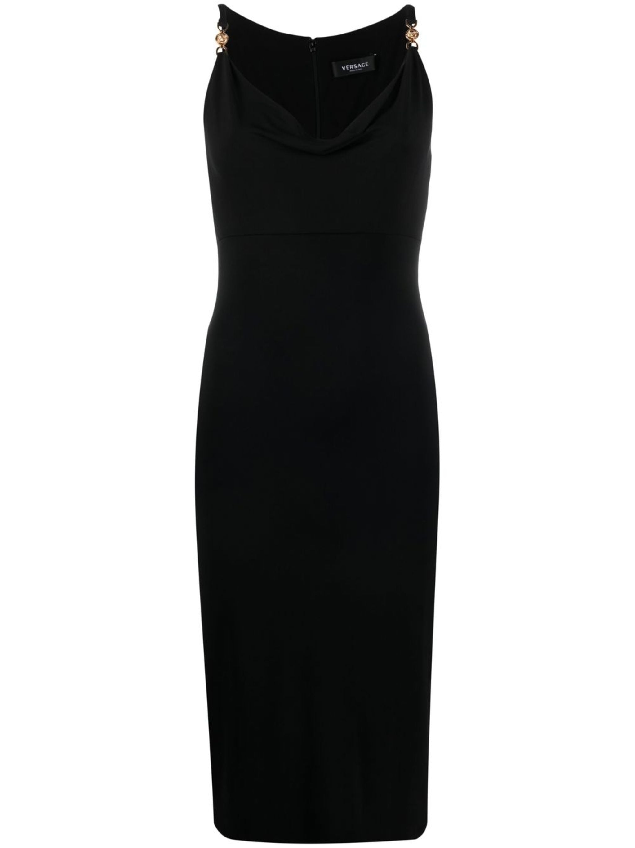 Crepe Midi Dress with Draped Neckline and Medusa Straps