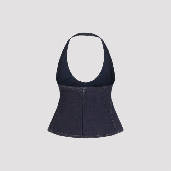Fitted Sleeveless Denim Top with Halter Neckline