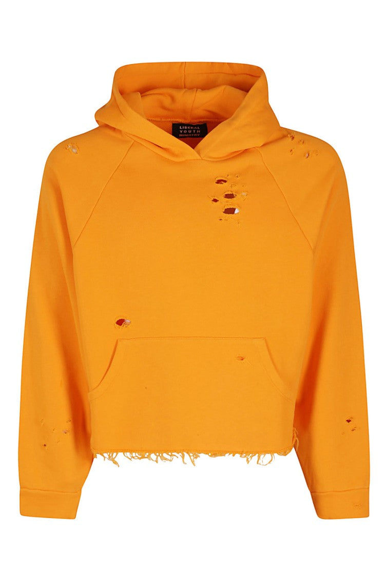 Cropped Cotton Hoodie With Distressed Detailing