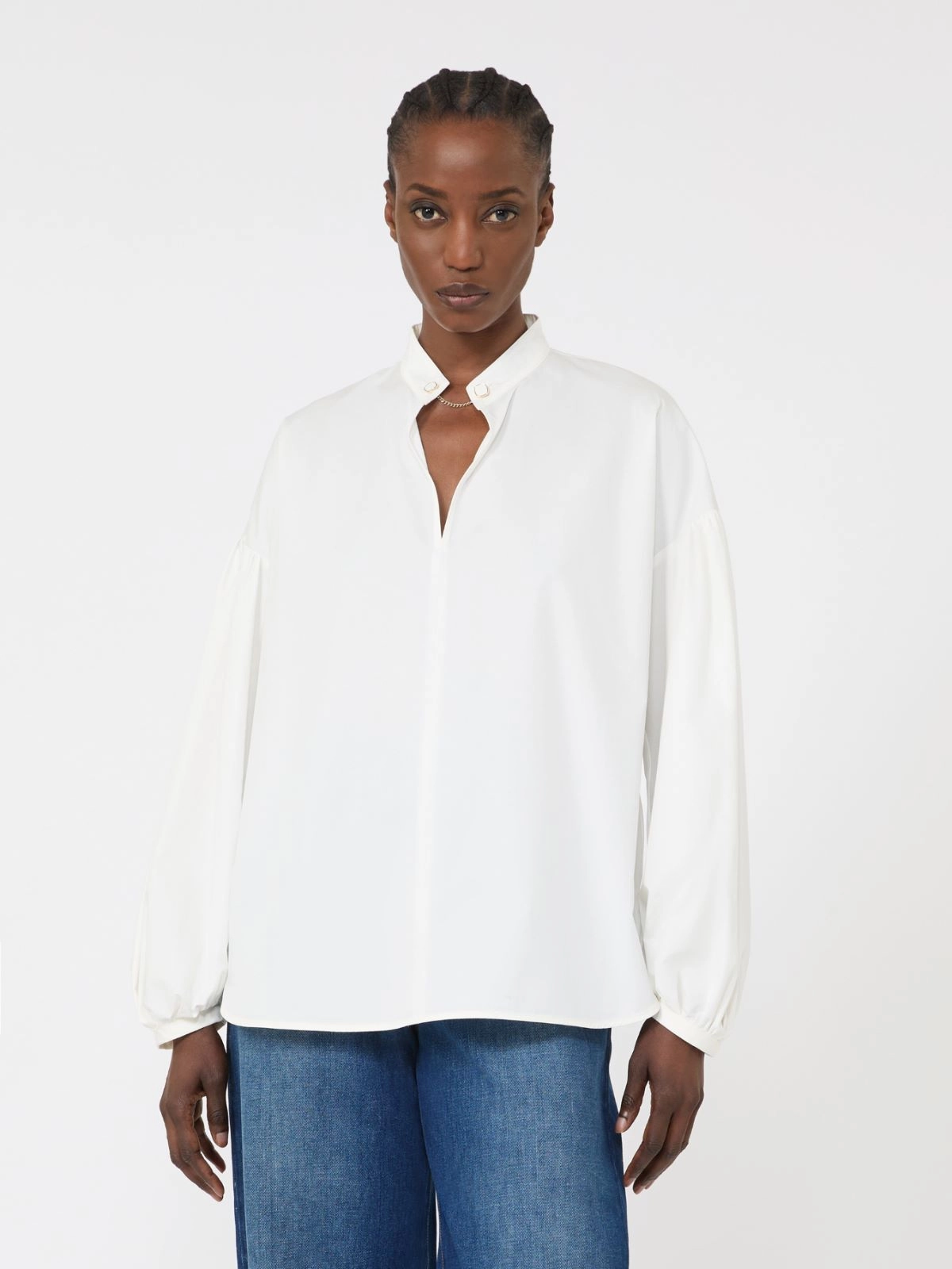 Long-Sleeved Blouse with Gathered Sleeves and Stand Collar