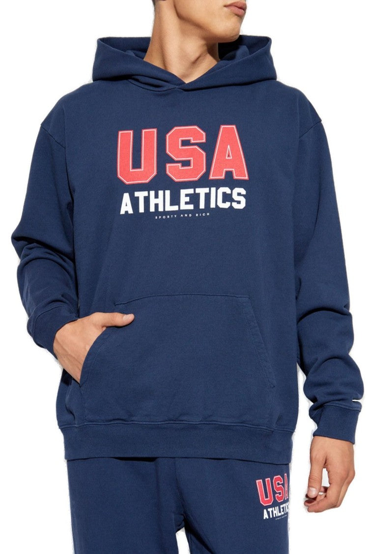 Navy Blue Hooded Sweatshirt with USA ATHLETICS Print
