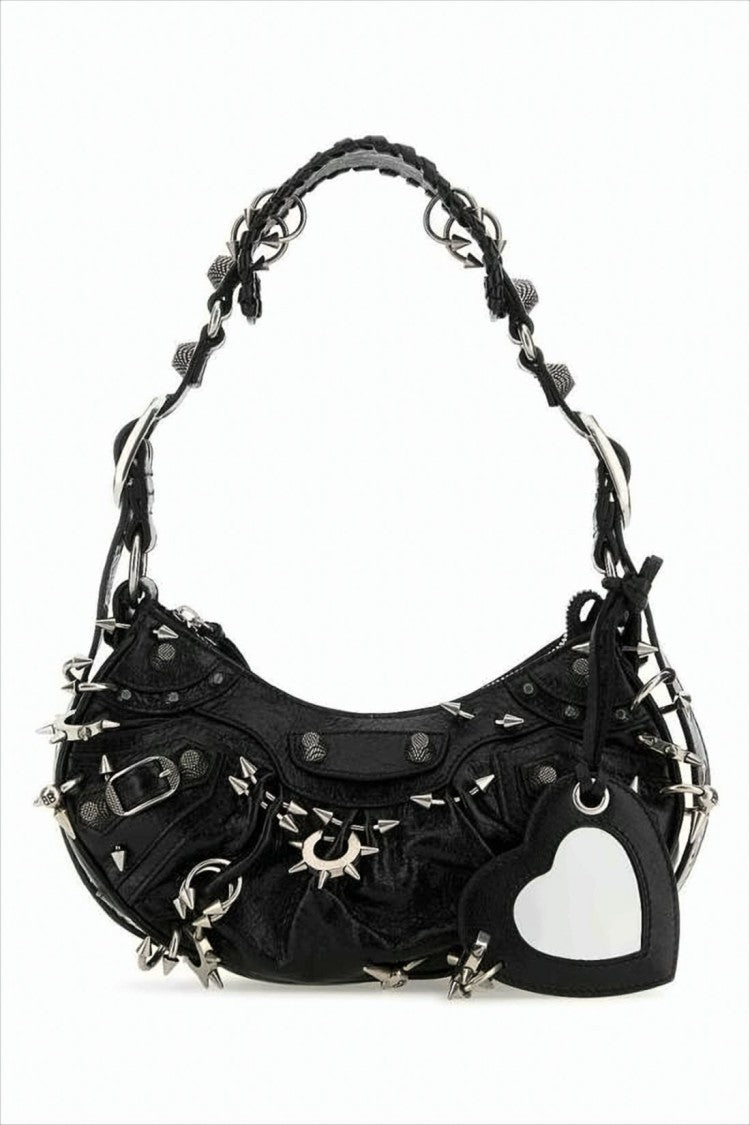 Edgy Black Leather Shoulder Bag with Metal Spikes and Heart Charm