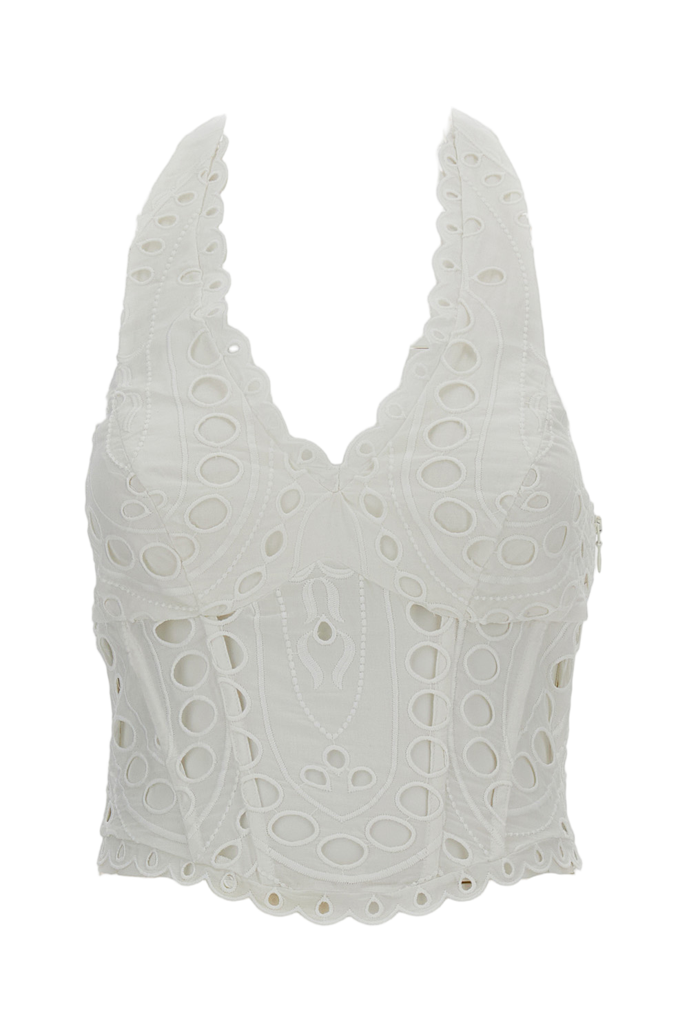 White Halter Eyelet Top With Smocked Back