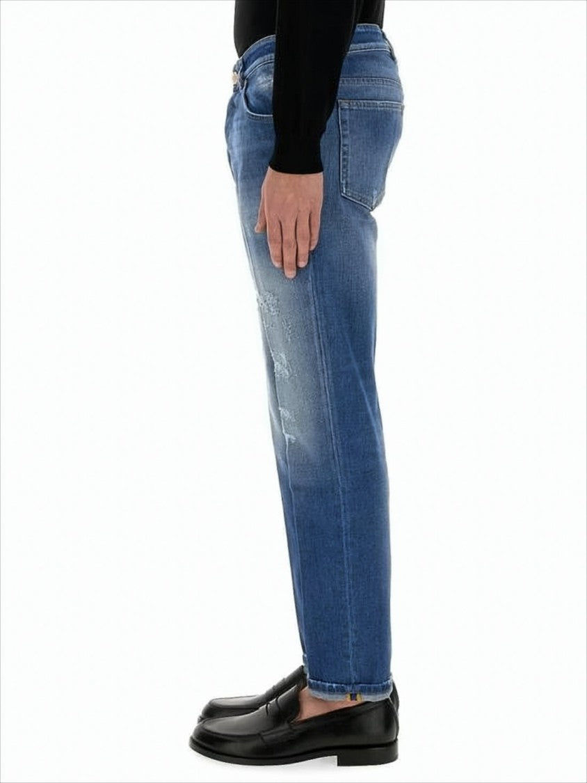 Medium Blue Wash Denim Trousers With Tapered Leg And Distressed Details