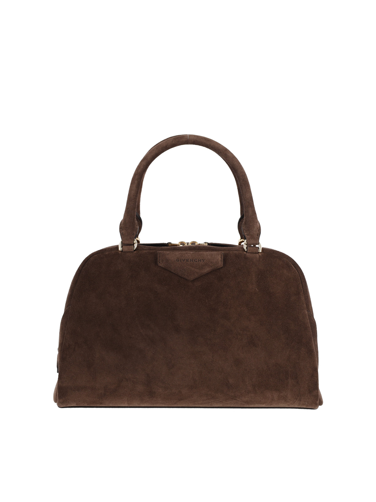 Brown Structured Suede Gold Zipper Handbag