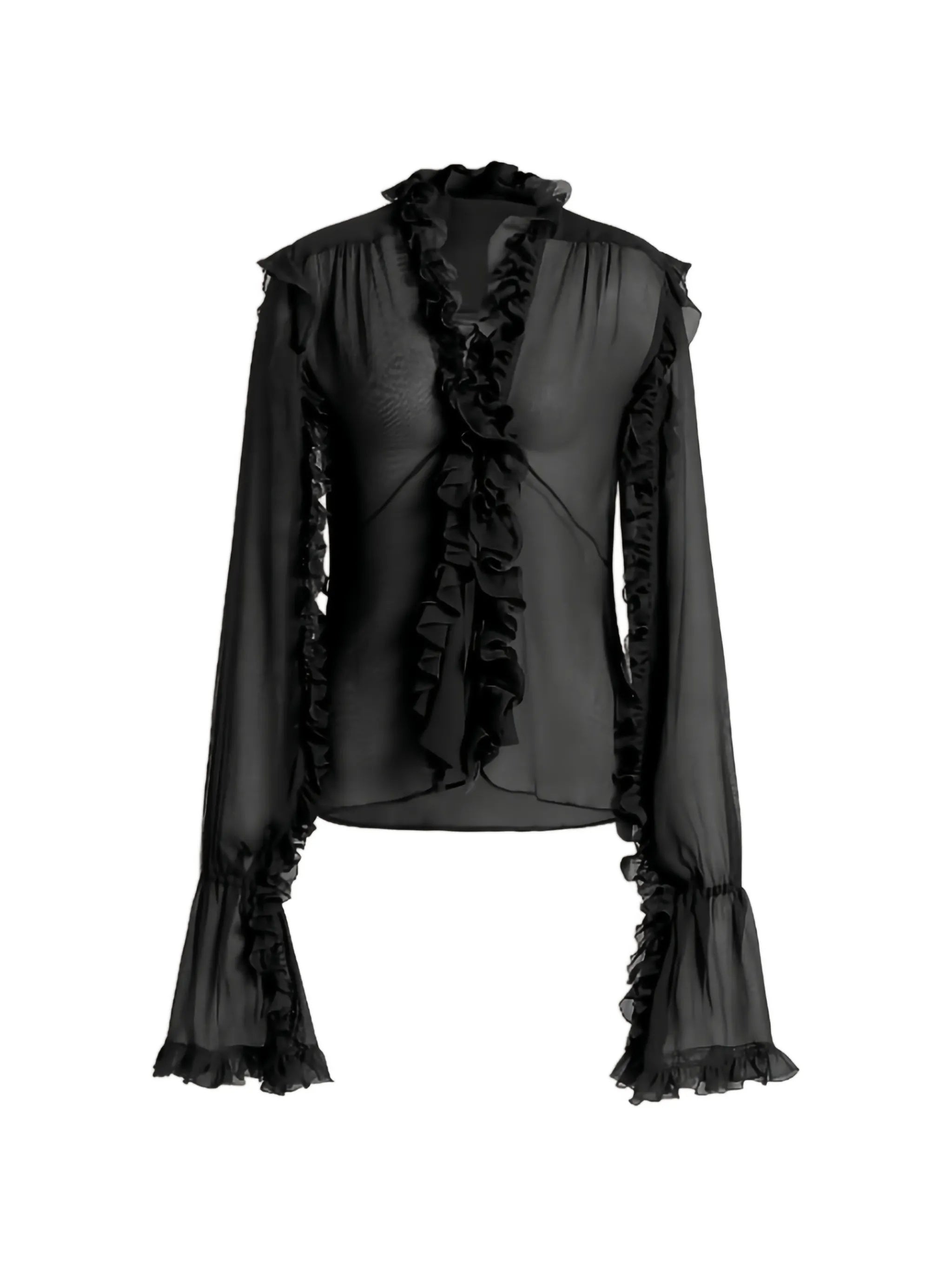 Black Sheer Ruffled Silk Blouse