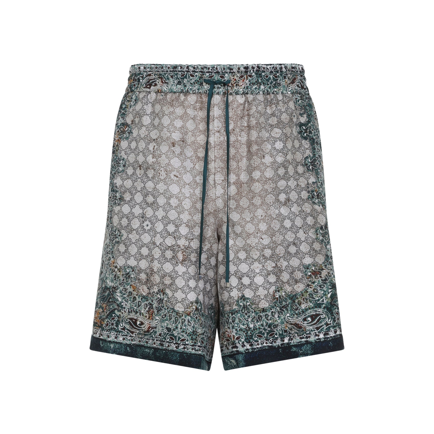 Green Bermuda Shorts With Intricate Geometric And Floral Motifs