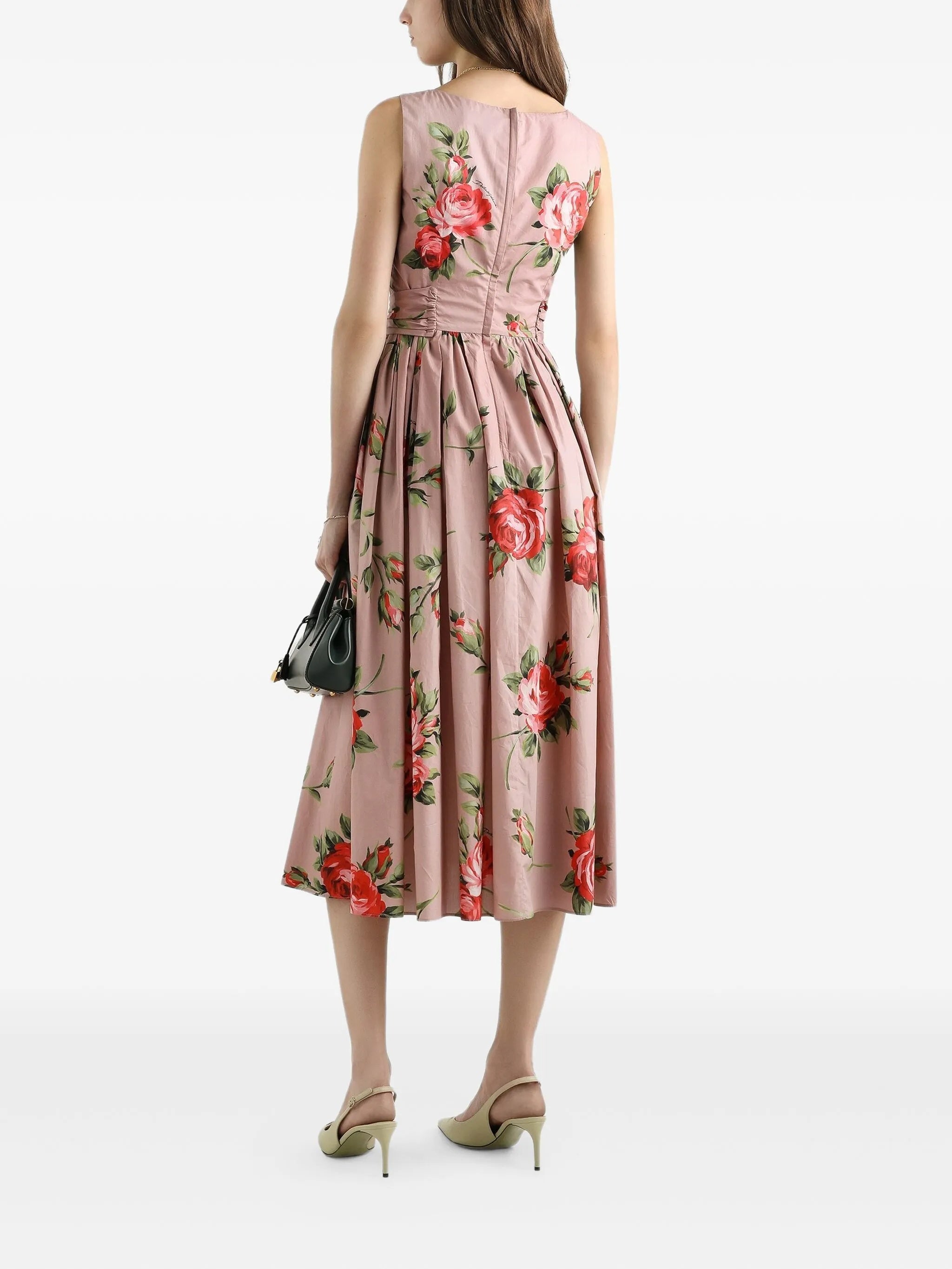 Sleeveless Midi Floral Pleated Cotton Dress