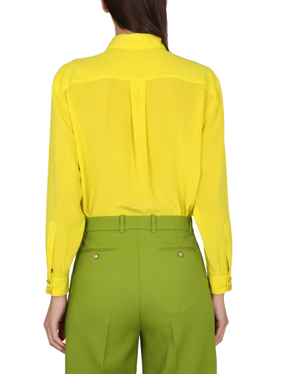 Pointed Collar Silk Shirt with Lined Detail