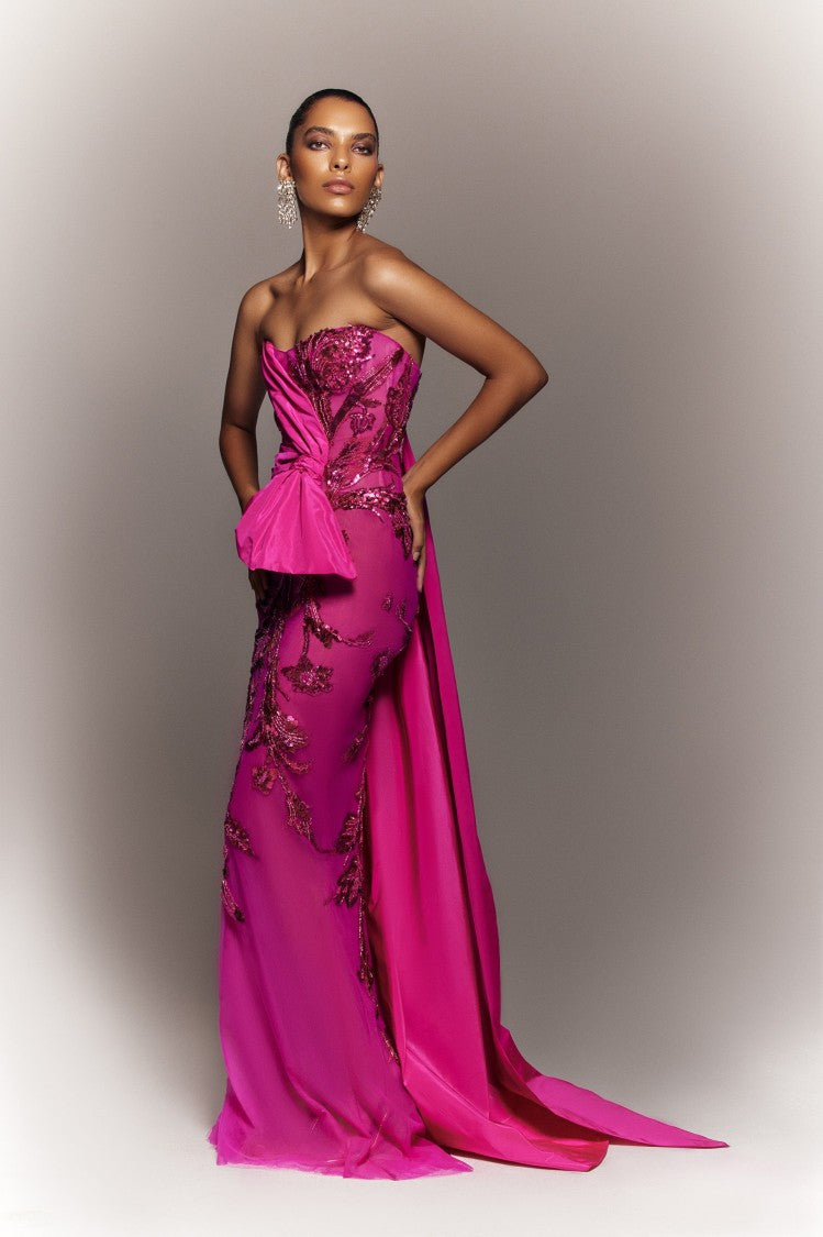 Tulle Strapless, Beaded Dress With A Taffeta Draping And Tail