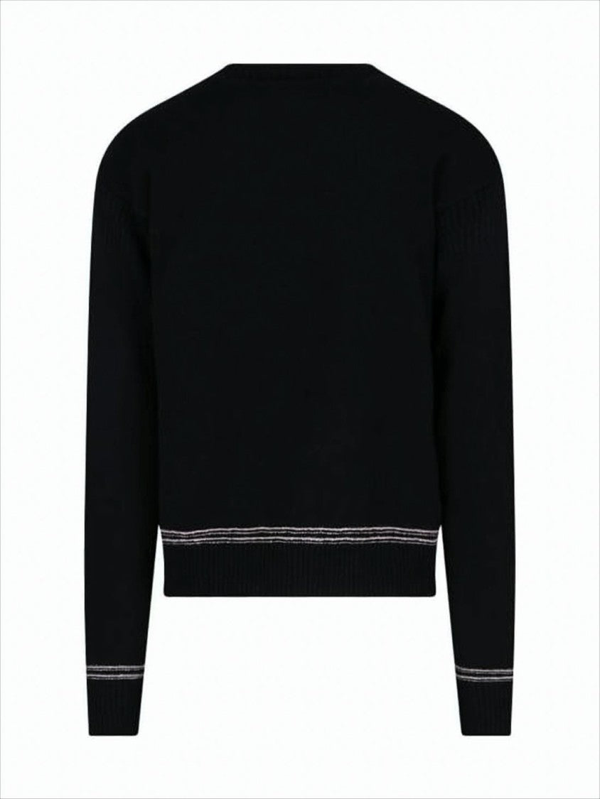 Textured Logo Black Wool Sweater with Cropped Fit