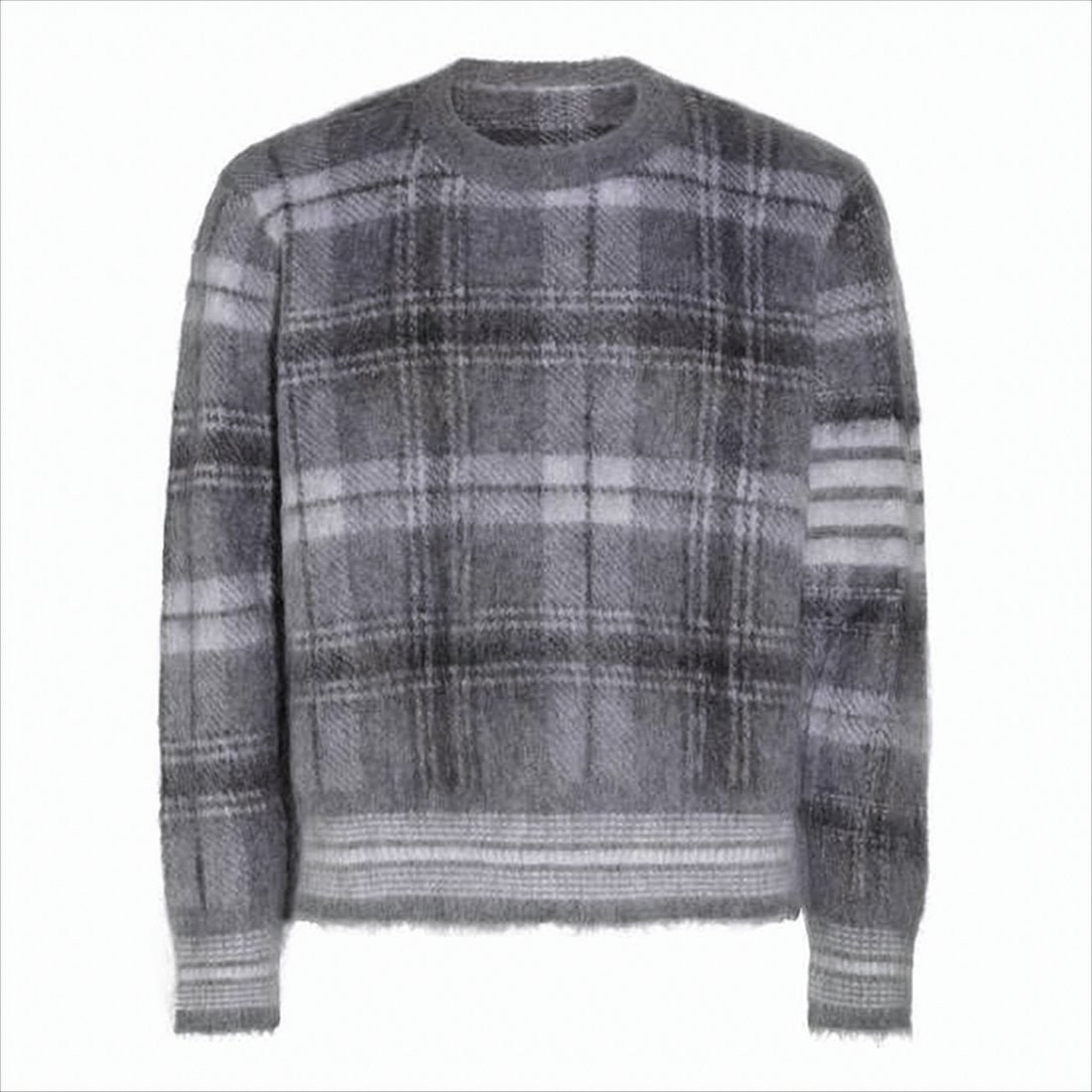 Plaid Knit Sweater with Fuzzy Texture and Cropped Hem