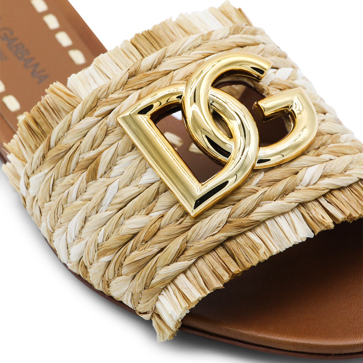Beige Leather Open-Toe Raffia Flats