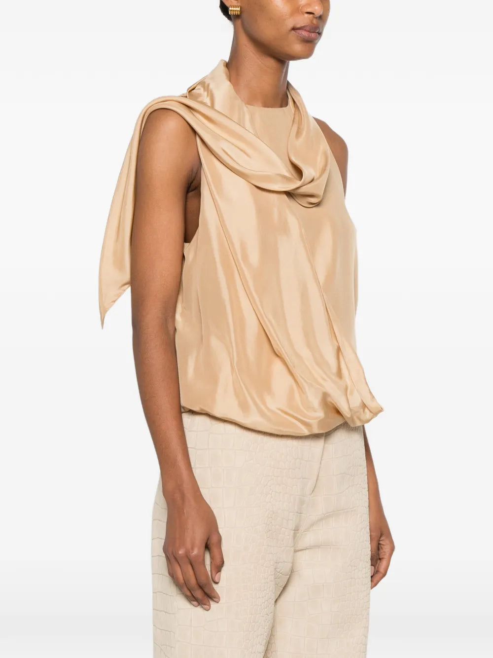 Asymmetrical Satin Top with Draped Cowl Neckline