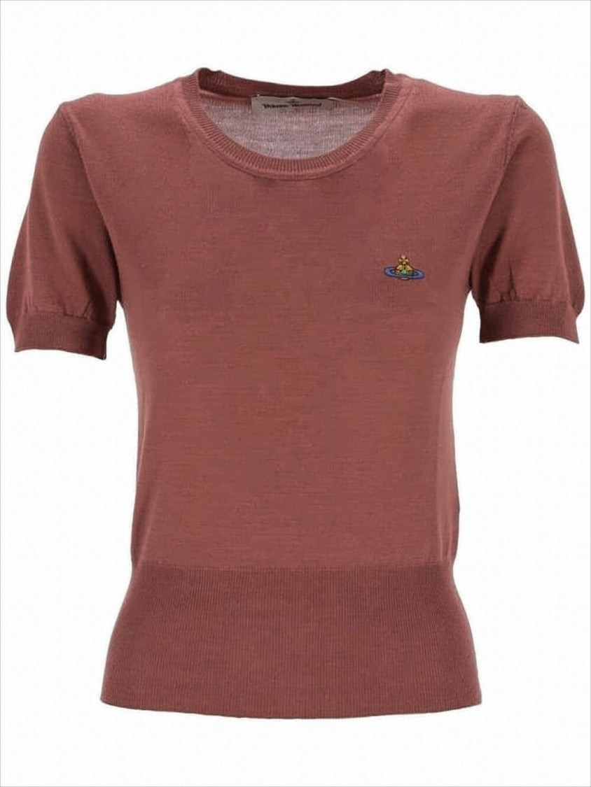 Brown Short-Sleeved Fitted Sweater with Ribbed Details