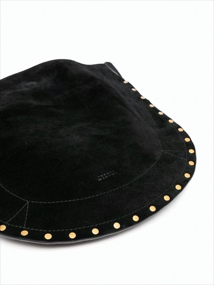 Curved Black Suede Shoulder Bag with Gold-tone Studs