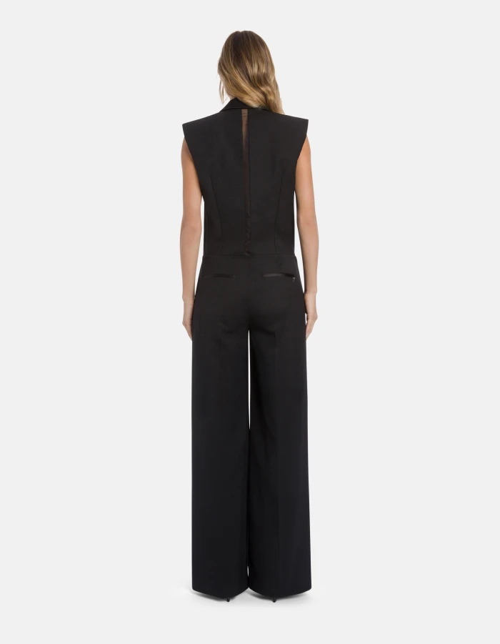 Sleeveless Jumpsuit with Satin Lapels and Wide-Leg Design