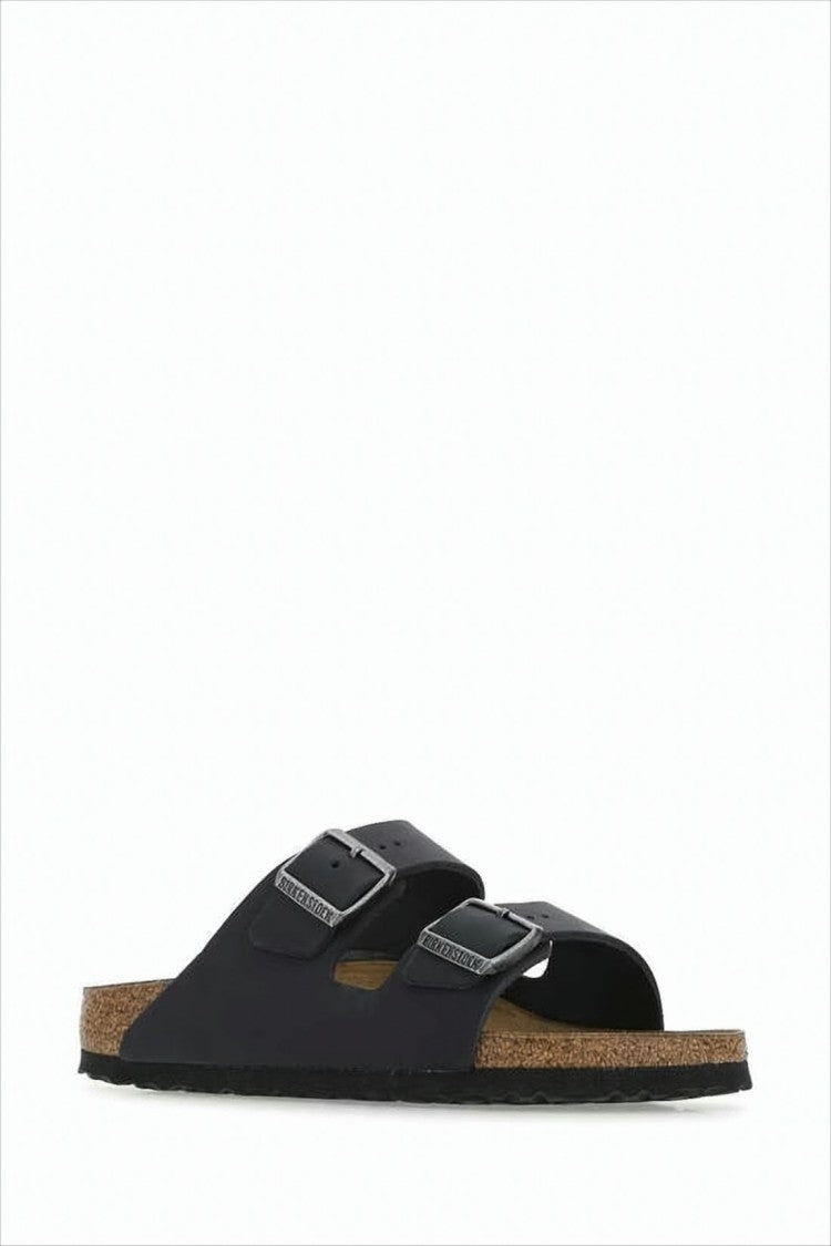 Two-Strap Black Leather Slide Sandals