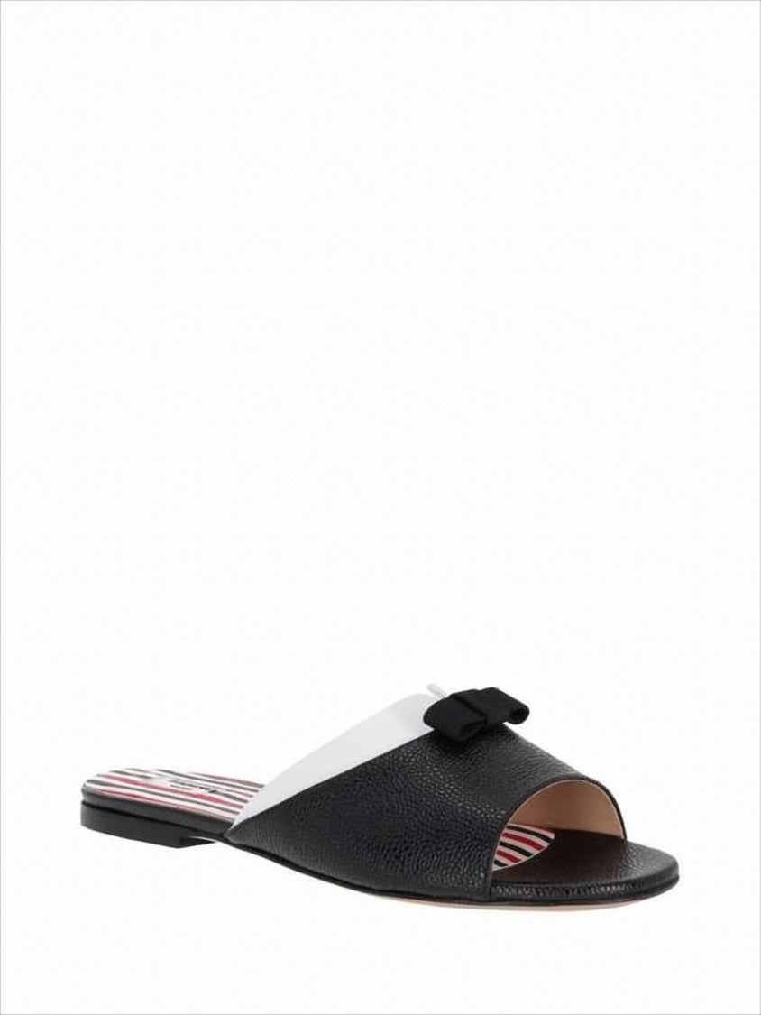 Open-Toe Black Leather Mules with Bow Detail