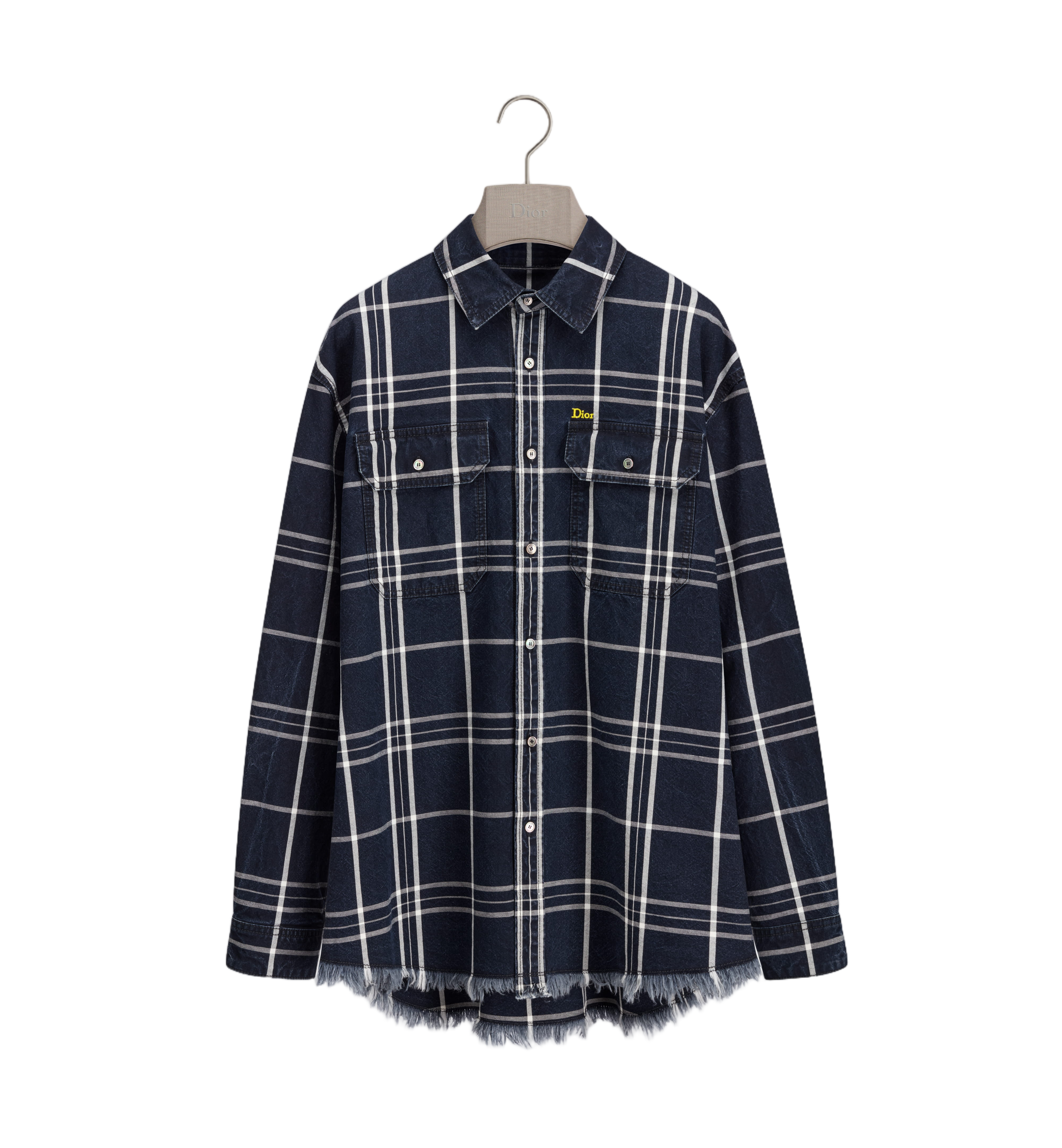 Long-Sleeve Dark Blue Plaid Shirt With Frayed Hem