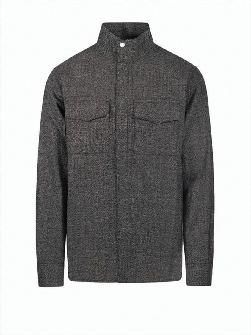 Structured Dark Grey Shirt Jacket With High Collar And Chest Pockets