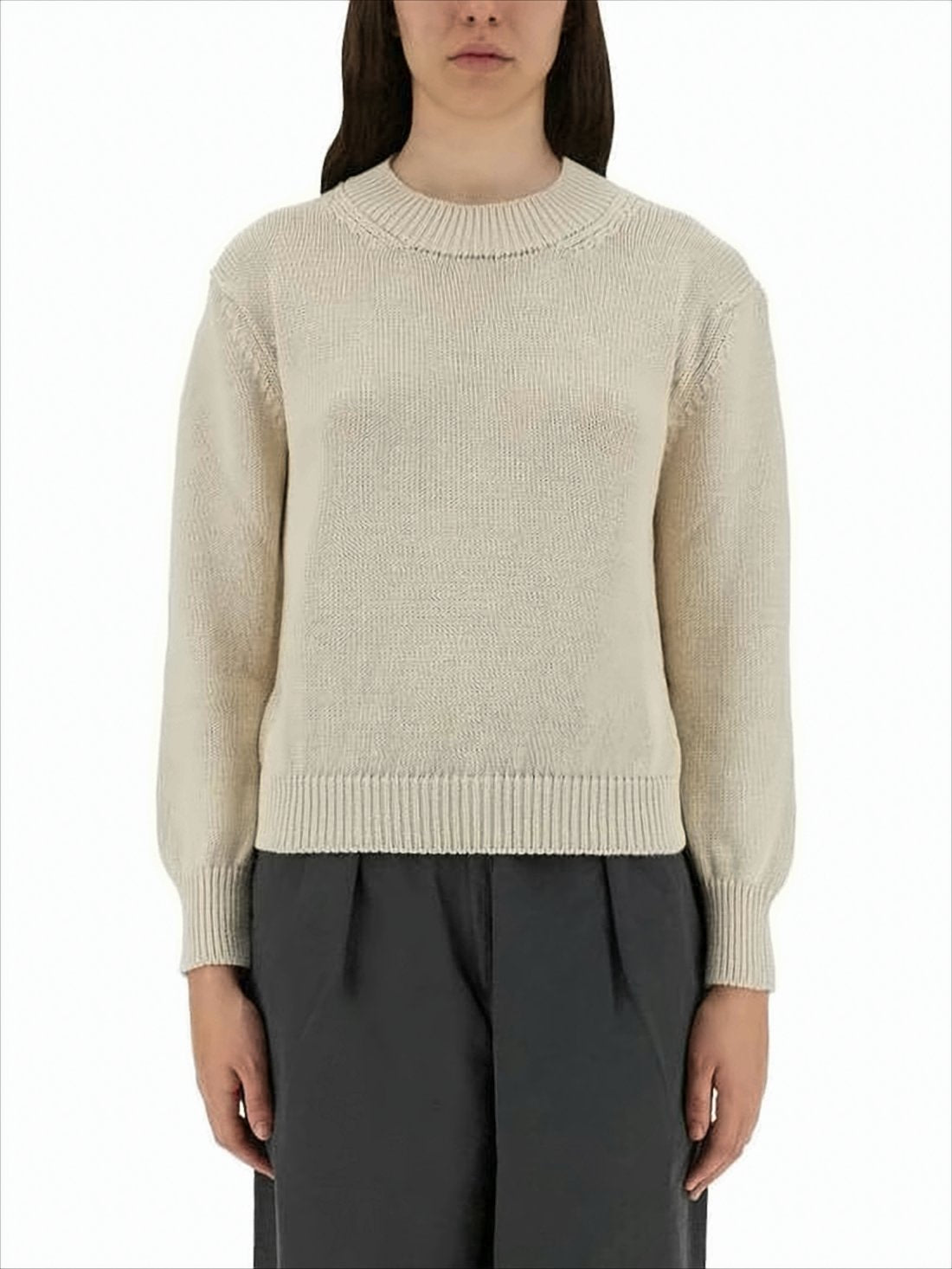 Textured Linen-Cotton Sweater with Round Neckline