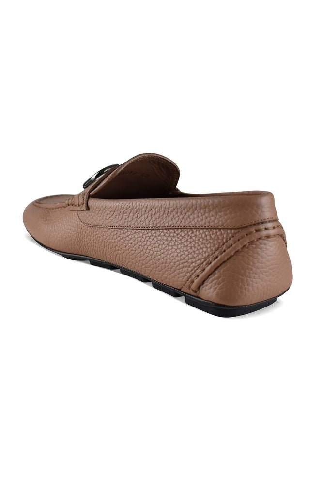 Camel Grained Leather Vlogo Loafers