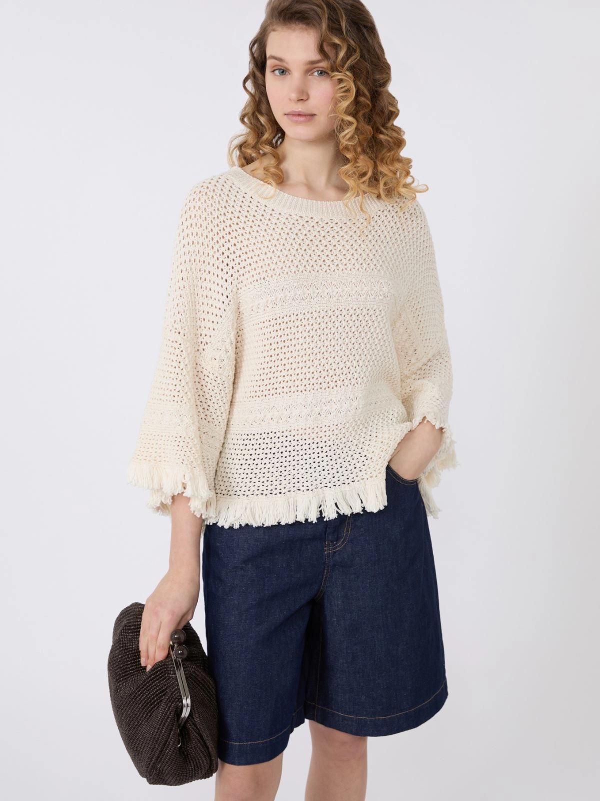 Textured Open-Knit Sweater with Fringe Detail