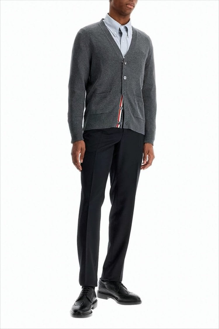 V-Neck Cotton Cardigan with Ribbed Cuffs and Subtle Stripes