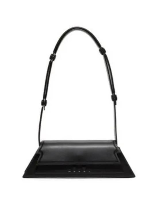 Structured Black Leather Shoulder Bag with Flap Closure and Decorative Knots