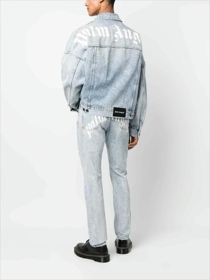 Light Acid-Wash Blue Denim Pants with Logo Detailing