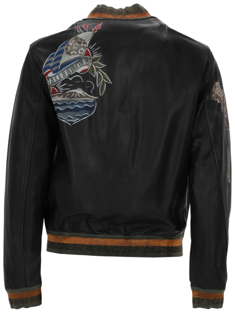 Black Leather Bomber Jacket With Contrasting Ribbed Details