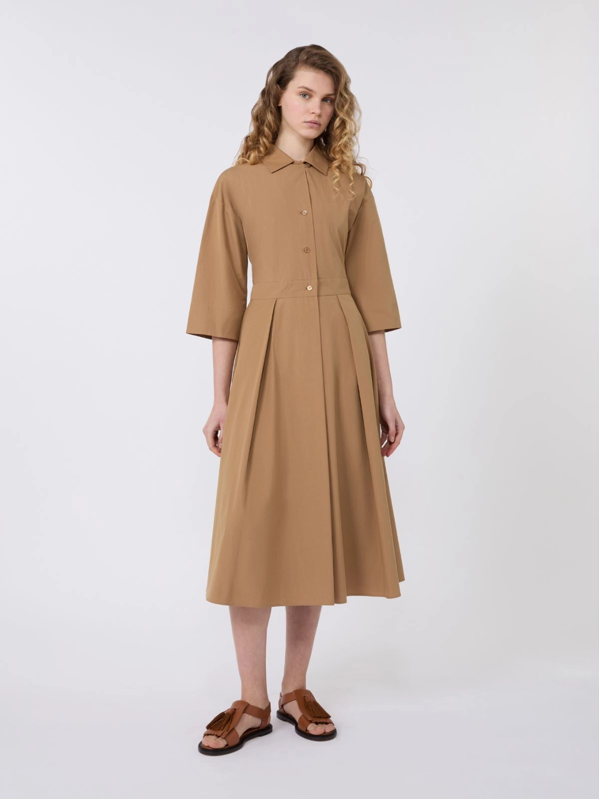 Knee-Length Dress with Classic Collar and Pleated Skirt