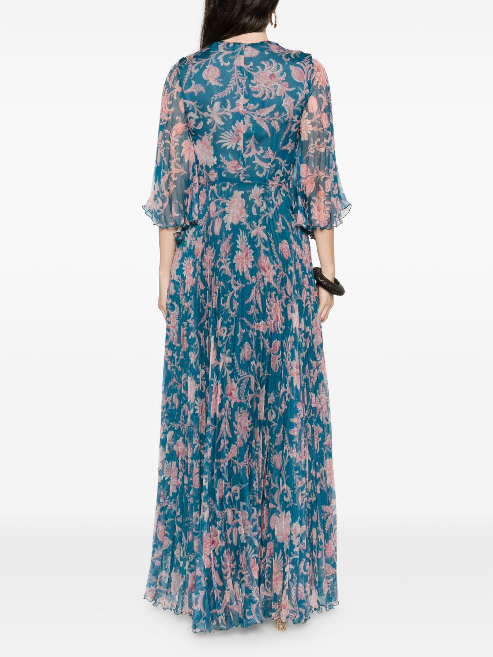 Intricate Floral Maxi Dress with Sheer Sleeves
