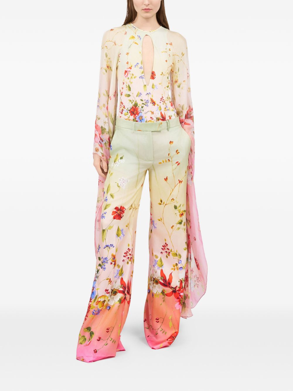 Wide-Leg Silk Trousers with Floral Print