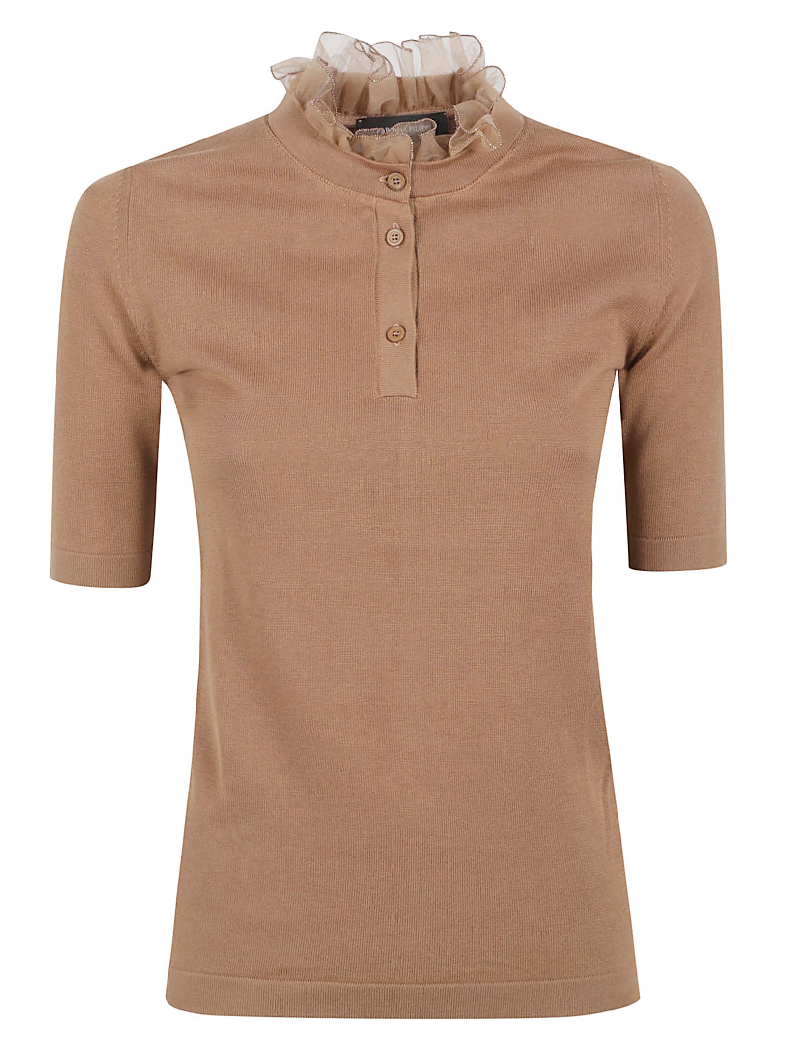Short-Sleeved Top with Ruffled Neckline and Button Placket