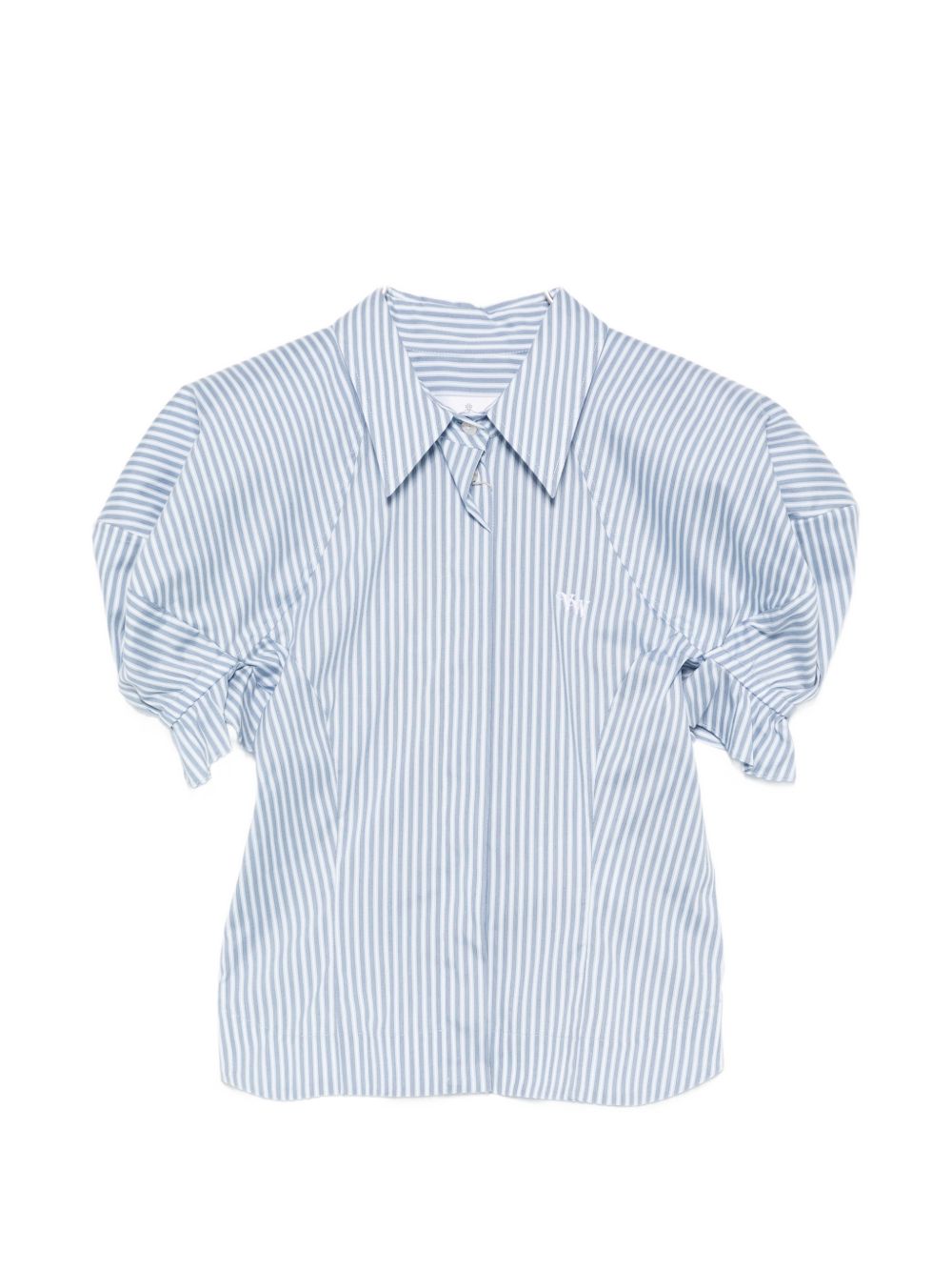 Blue Striped Gathered Sleeve Button Top
