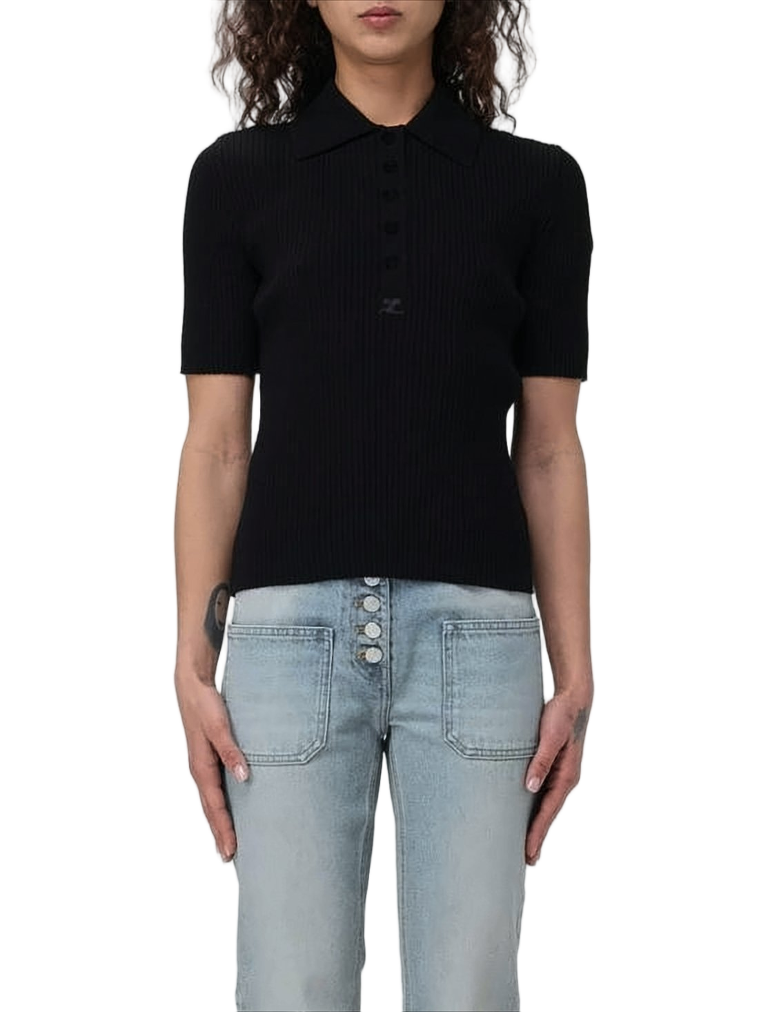 Ribbed Knit Polo Top with Button Placket