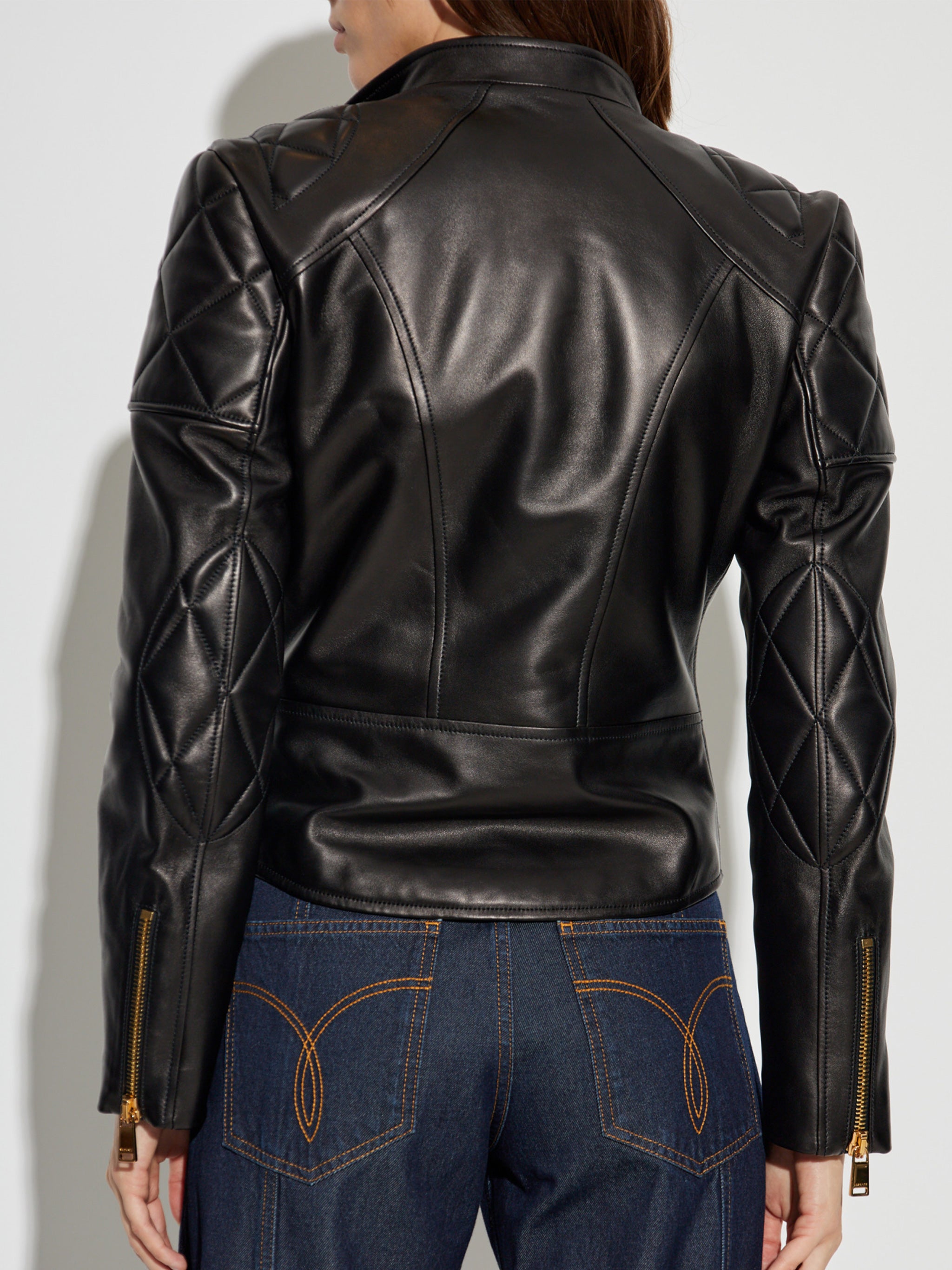 Black Agnello Quilted Leather Biker Jacket
