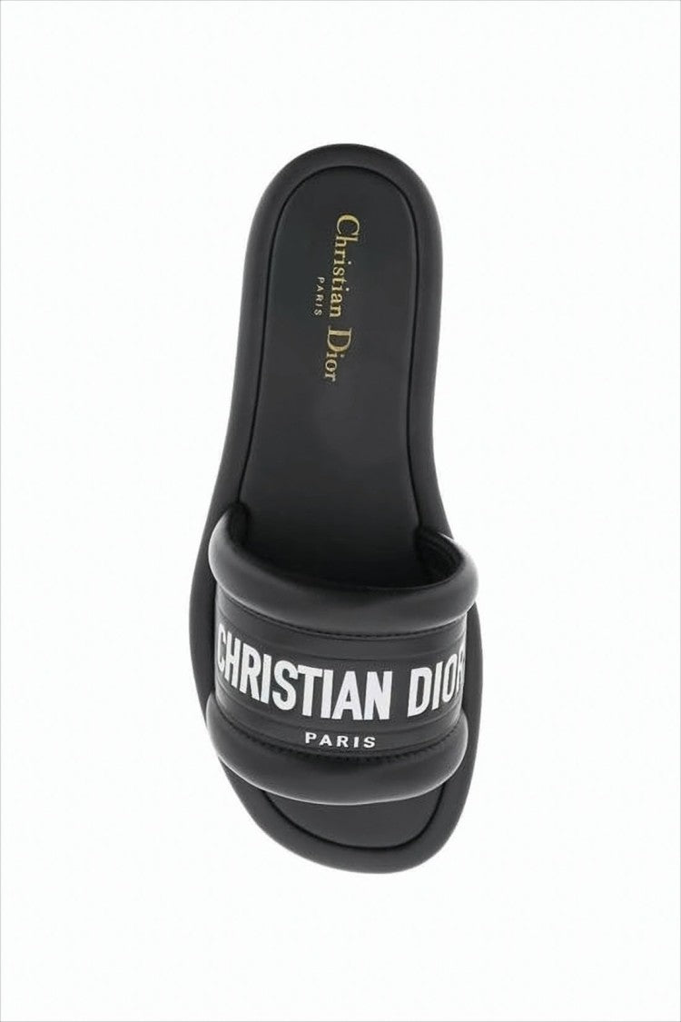 Lambskin Black Slide Sandals with Bold Lettering