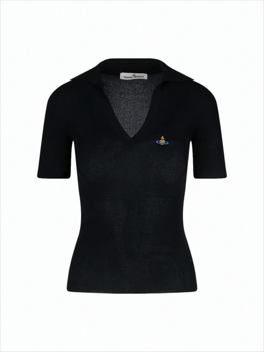 Fitted Short-Sleeve Sweater with Deep V-Neck and Emblem