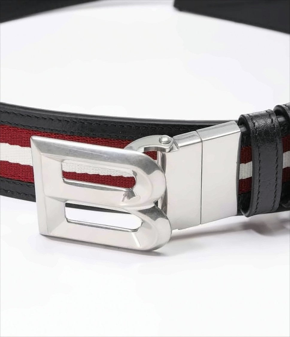 Black Leather Belt with Striped Fabric Inlay