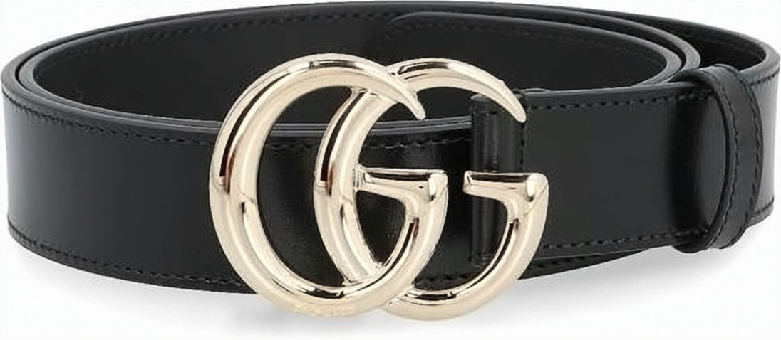Black Leather Belt with Gold-tone Double G Buckle