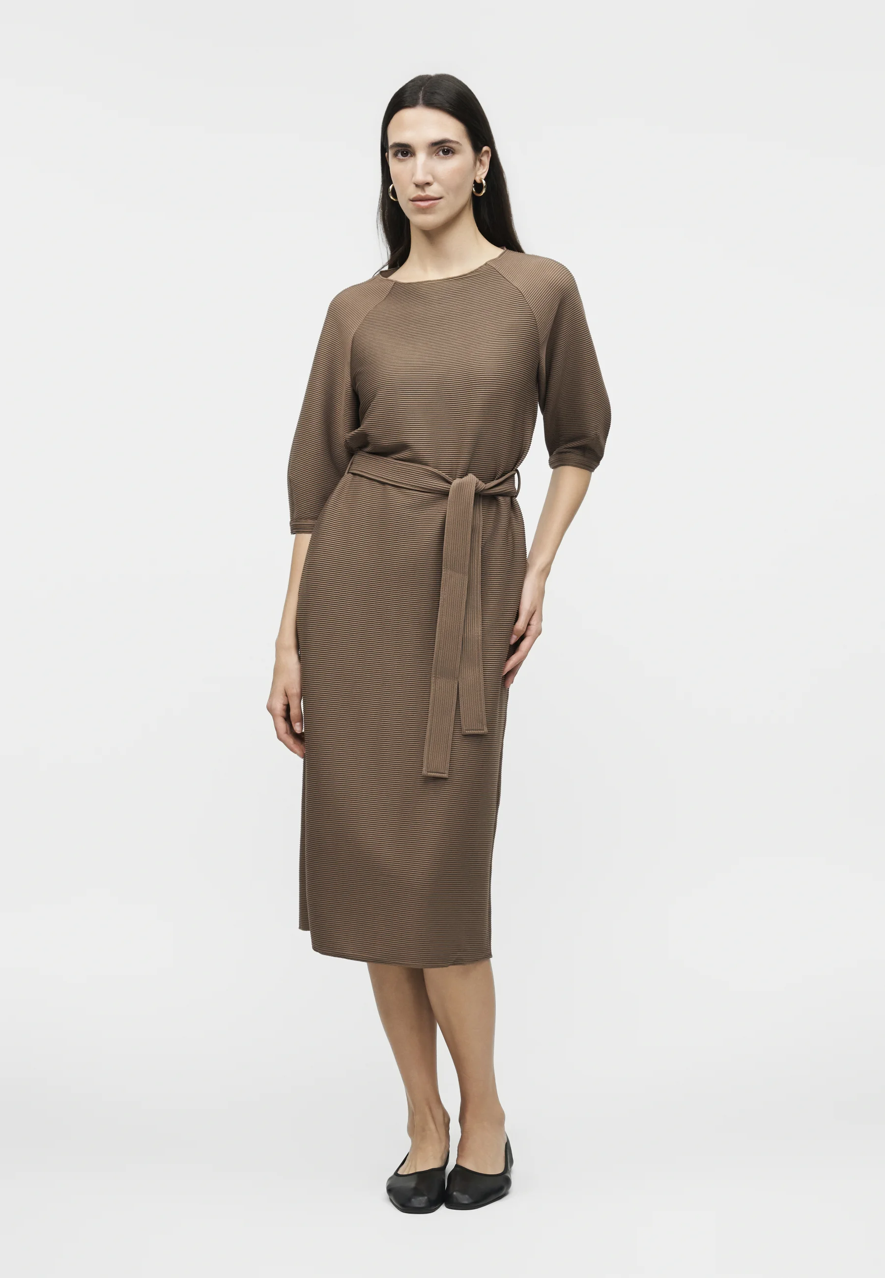 Knee-Length Dress with Elbow-Length Sleeves and Ribbed Texture