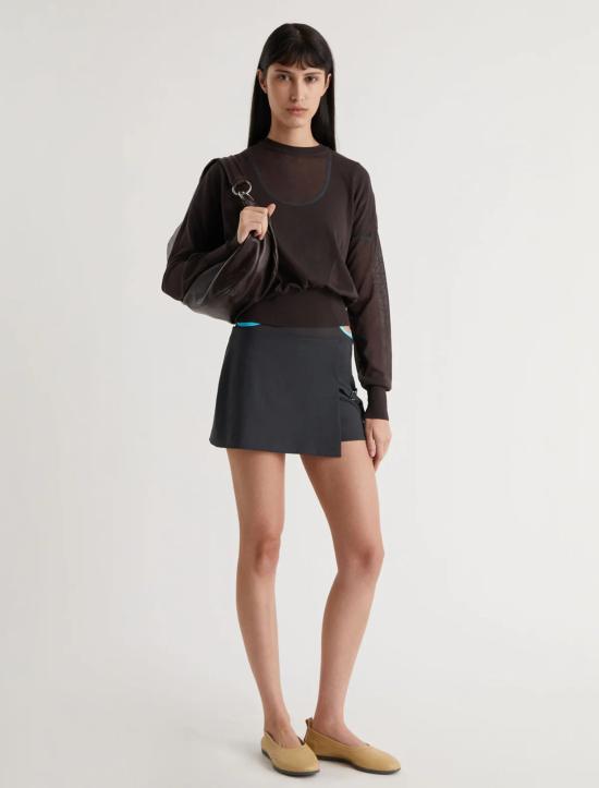 Semi-Sheer Brown Sweater With Gathered Waist And Cuffs