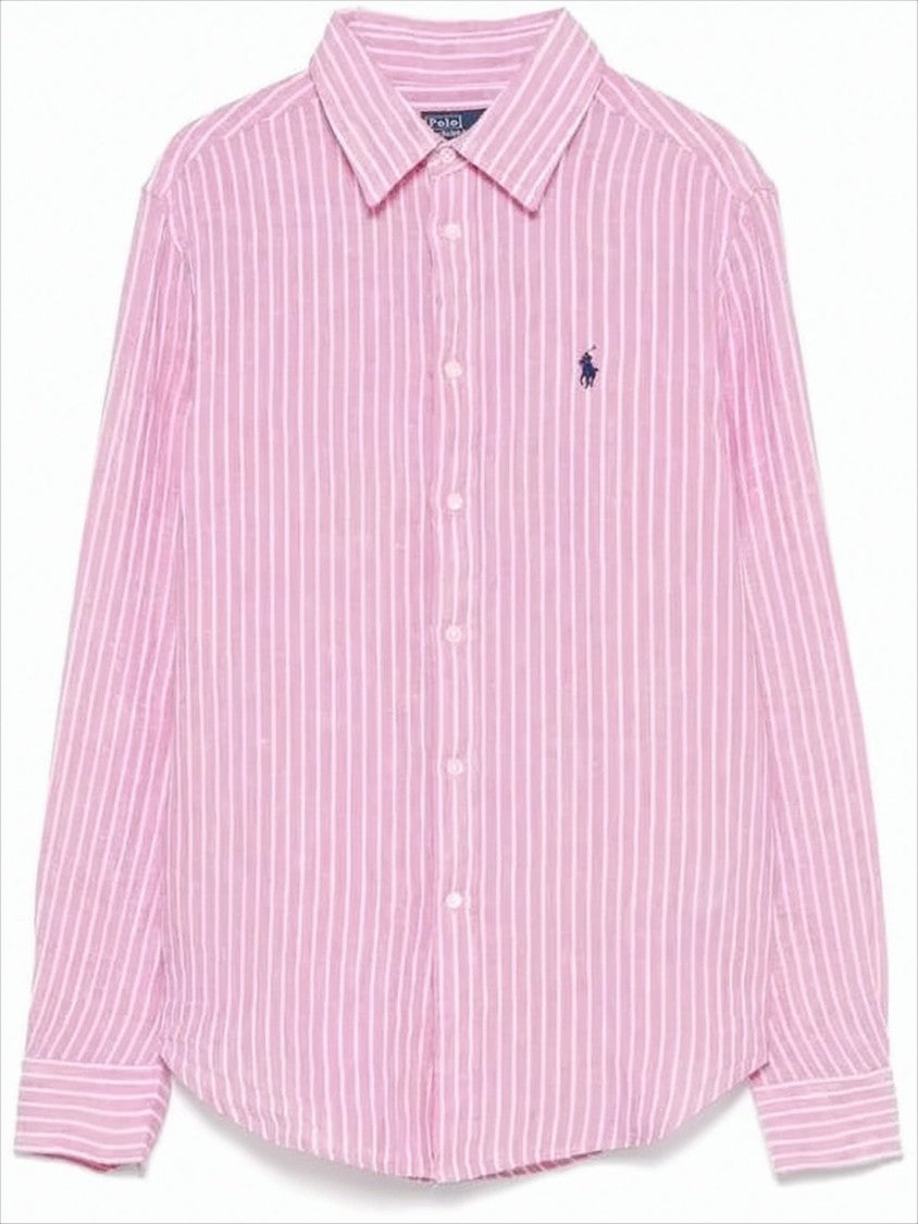 Pink Striped Linen Blouse With Classic Button-Down Design