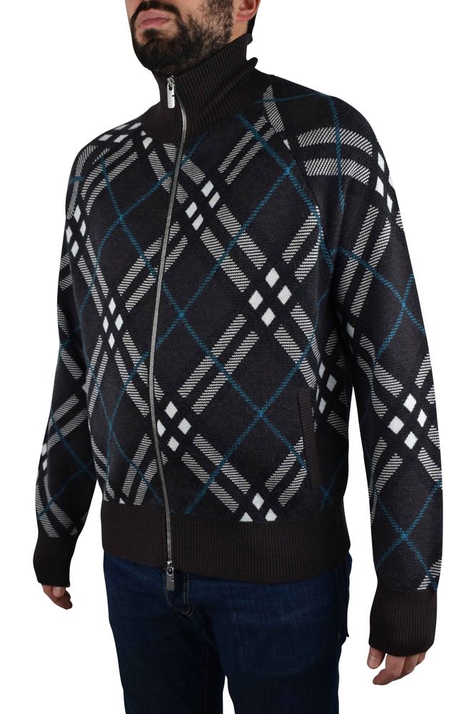 Check Pattern Wool Cardigan With High Collar
