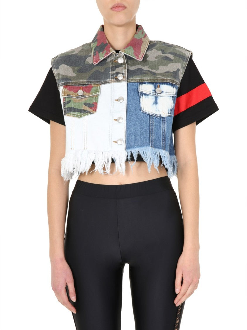 Cropped Denim Vest With Patchwork Design