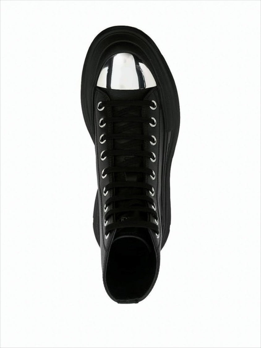 High-Top Leather Boots with Metallic Cap Toe